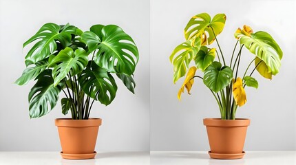 Comparison of Healthy and Unhealthy Monstera Plants in Terracotta Pots