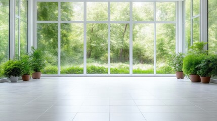 Spacious interior with large windows overlooking a lush garden