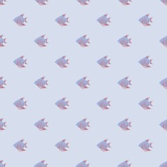A seamless pattern featuring various stylized fish in a monochrome blue palette on a white background. The simple, minimalistic design with bubbles adds a playful and nautical feel, ideal for fabrics 