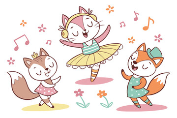 11 Whimsical cartoon animals, playful cat characters, colorful hand-drawn illustrations, anthropomorphic foxes and cats, cheerful dancing creatures, childlike art style, vibrant clothing, quirky poses