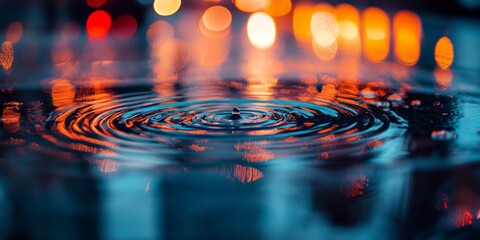 Water droplet impact, city lights reflection