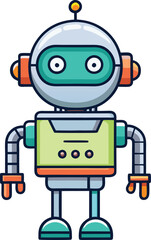 Retro Robot with Green and Orange Accents, A retro-style robot with green and orange accents, mechanical arms, and a friendly design, symbolizing technology, robotics, and automation.

