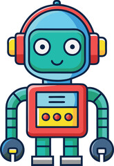 Fototapeta premium Friendly Retro Robot with Colorful Design and Headphones, A friendly retro-style robot with colorful buttons, mechanical arms, and headphones, representing robotics, technology, and playful automation