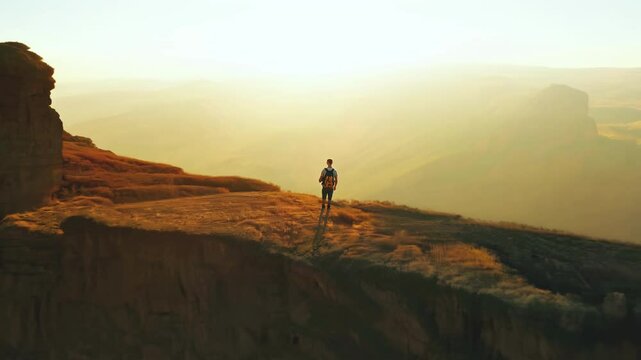 Silhouette of person standing on cliff edge overlooking misty valley at sunrise. The solitary figure grows smaller in frame as camera gradually pulls back, revealing vast desert landscape.