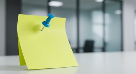 Vibrant Yellow Sticky Note Pinned on White Surface for Office Reminders