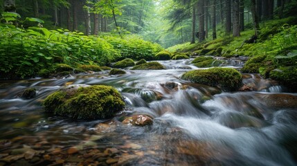 Misty forest stream flowing over rocks