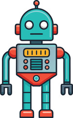 Fototapeta premium Retro Robot with Colorful Buttons and Arms, A retro-style robot with colorful buttons, red and teal accents, and mechanical arms, symbolizing robotics and technology in a vintage design. 