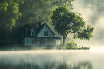 Fototapeta premium Foggy Weather: House by the Lake Surrounded by Green Trees and Morning Mist