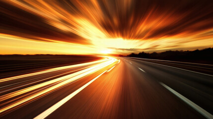 Obraz premium Golden Sunset Casting Rays Over a Highway Creating a Sense of Speed and Motion Blur