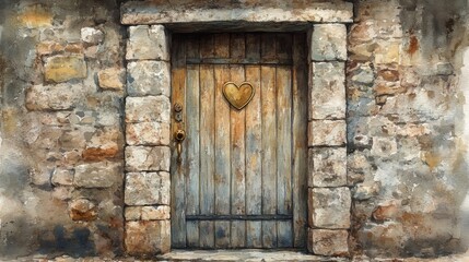 Fototapeta premium Watercolor classic farmhouse doors with brass knockers and ivy-covered walls. Aged Wooden Door in Stone Wall