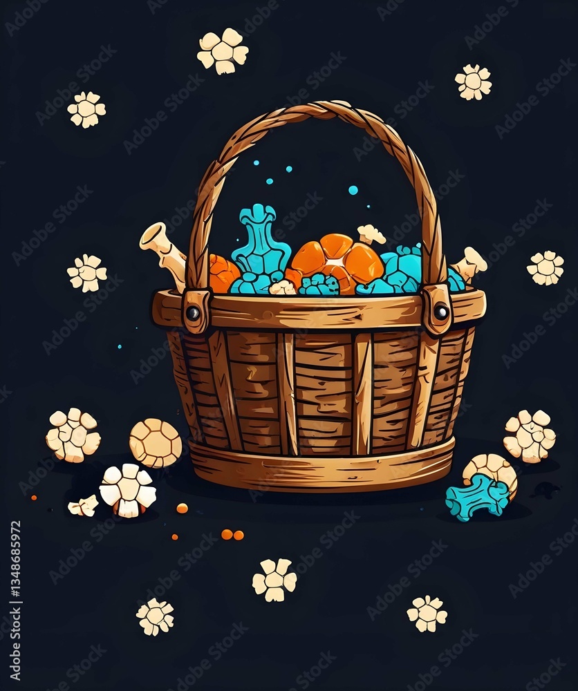 Poster a woven basket filled with colorful objects and surrounded by scattered shapes against a dark backgr