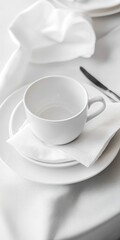 Foodbackground. Empty Plate, Bowl, and Cup on White Table as Background for Dish