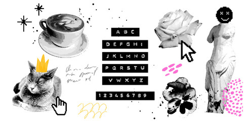 Dotted y2k collage. Coffee cup, cat crown, Venus statue, embossed alphabet typography. Journaling stickers set, modern trendy art poster