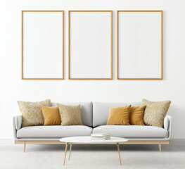 Interior design setup featuring a sofa and blank poster frames decor