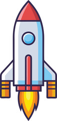 Rocket with Flame Propulsion and Side Boosters, A colorful rocket with side boosters and flame propulsion, symbolizing space exploration and adventure in a dynamic, bold style.
