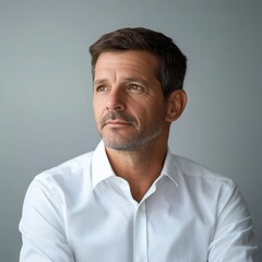 Obraz premium Thoughtful mature man in white shirt with contemplative expression