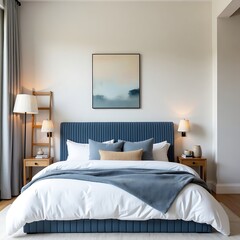 Elegant Modern Bedroom with Blue Headboard and Abstract Coastal Art Calming Space with Textured Brick Wall and Warm Lighting