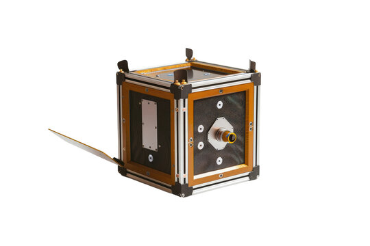 A CubeSat spacecraft featuring a protective clear casing. Used for scientific experiments and data collection