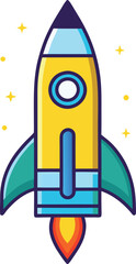 Yellow Rocket with Flame and Sparkles, A bright yellow rocket launching with flame propulsion, surrounded by sparkles, symbolizing adventure and space exploration.
