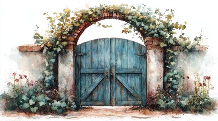 Watercolor classic farmhouse doors with brass knockers and ivy-covered walls. Rustic Blue Wooden Gate with Ivy Covered Archway
