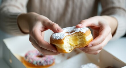 Close-up of hands holding powdered sugar donut with cream filling