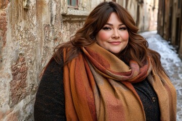 Naklejka premium Confident plus size woman in elegant winter outfit standing outdoors in rustic alley exuding warmth beauty and self assurance
