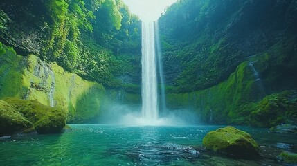 Lush Waterfall Cascading into Emerald Pool, Rainforest Background