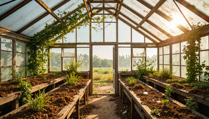 Abandoned greenhouse filled with dried plants under sun, neglect symbolism