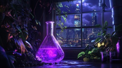 Mystical potion flask in a windowed laboratory at night