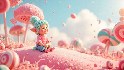 Fototapeta premium Joyful candy elf sitting on sugary hill in sweet landscape, fantasy concept