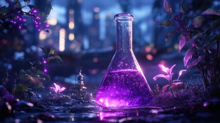 Magical flask in mystical forest at night with city lights