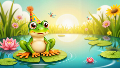 Fototapeta premium Cheerful frog wearing a party hat on lily pad, joyous celebration