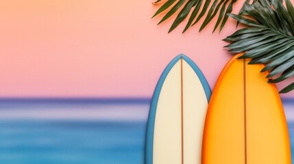 Surfboards with Palm Leaves on Pink Sunset Backdrop, Summer, Vacation