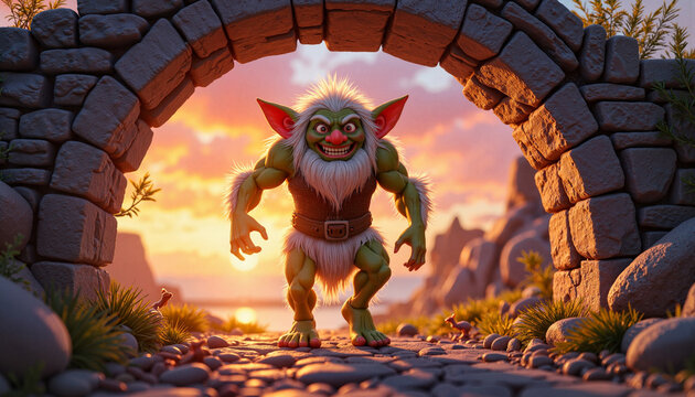 Mischievous troll grinning under stone bridge at sunset, whimsical charm