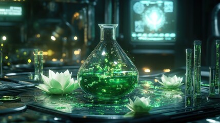 Futuristic lab experiment with glowing green liquid in flask, surrounded by lotus flowers, in a high-tech environment. Possible use Science fiction, fantasy, or digital art