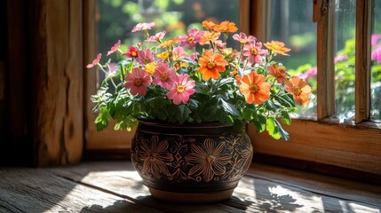 Colorful flowers in decorative pot on windowsill, sunlight streaming through window