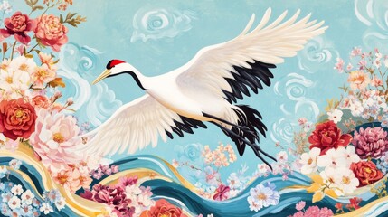 Naklejka premium Graceful Crane Flight Over Floral Waves, Asian Art , Floral Art