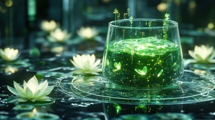 Glowing drink in glass, lotus pond, futuristic scene