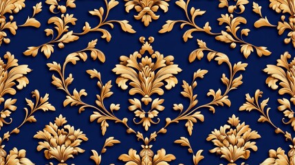 Golden Floral Ornaments on Dark Blue Background, Baroque , Texture