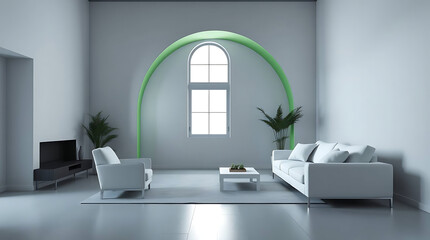 minimalist living room interior mockup, modern furniture and greenly decorative, white sofa and armchair, created by generative ai