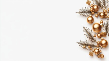 Fototapeta premium Golden Christmas Holly Leaves and Ornaments on White, holiday season, decoration