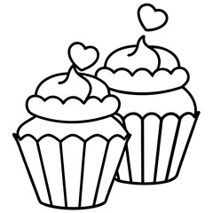 Whimsical Cupcake Line Art Featuring Heart Motifs