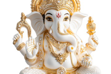 Elegant White and Gold Ganesha Statue, Hindu God Sculpture, Religious Art