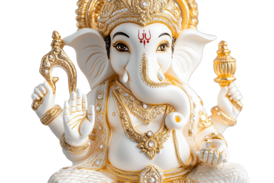 Elegant White and Gold Ganesha Statue, Hindu God Sculpture, Religious Art