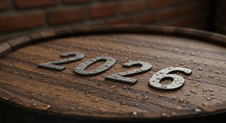 2026 New Year's Eve Celebration on a Rustic Wooden Barrel with Rain Drops