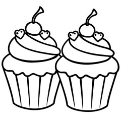 Whimsical Cupcake Line Art Featuring Heart Motifs
