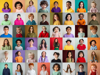 Grid of diverse happy children smiling against colorful backgrounds