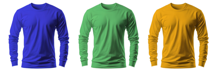 collection blue, green, orange long sleeve t shirt cotton combed isolated on transparent background, generative ai