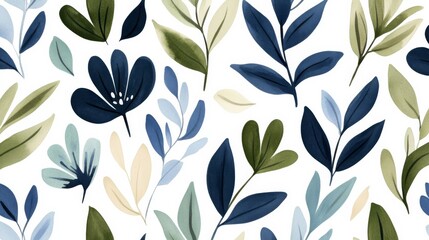 Botanical Bliss Watercolor Leaves Pattern in Blue and Green on White, nature , foliage