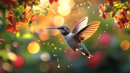 Naklejka premium A Golden Hummingbird, A Tiny Flash of Brilliance, Hovering Gracefully in the Air, Capturing the Essence of Beauty and Nature’s Wonders